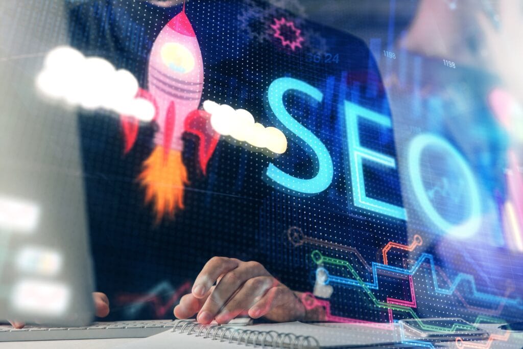 Multi,exposure,of,seo,icon,with,man,working,on,computer