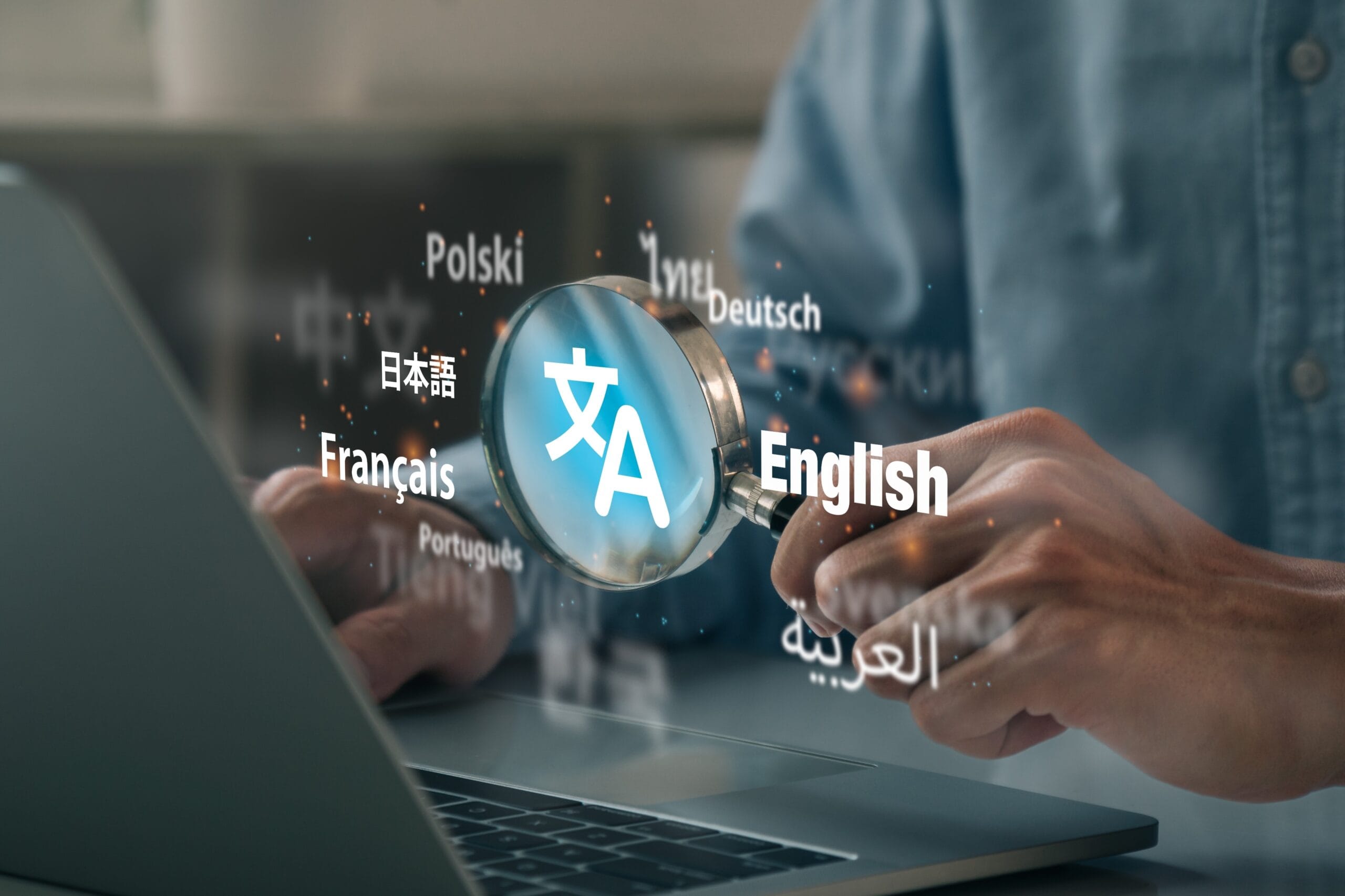 Man,hand,using,magnifying,glass,to,translation,of,foreign,languages