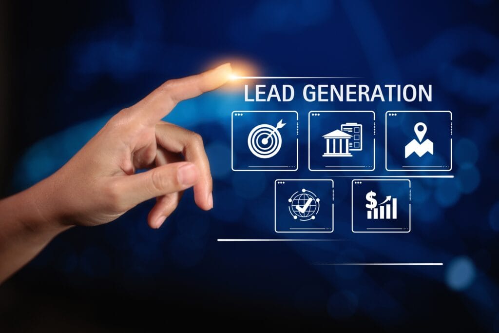 A,hand,pointing,towards,icons,representing,"lead,generation,",symbolizing,digital