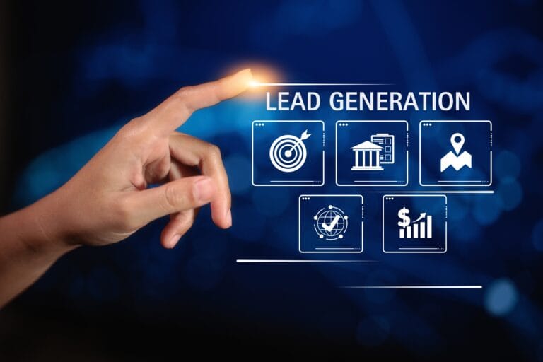 A,hand,pointing,towards,icons,representing,"lead,generation,",symbolizing,digital