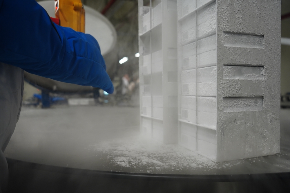 A,Gloved,Technician,Lowers,Frost covered,Cryogenic,Sample,Racks,Into,A