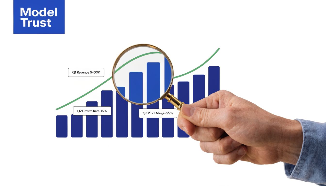 A magnifying glass focusing on business bar charts to analyze financial growth and revenue trends.