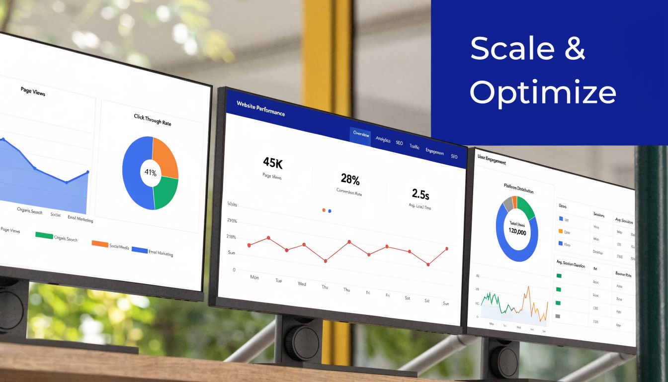 Three computer screens displaying various digital marketing analytics, website performance metrics, and user engagement charts.