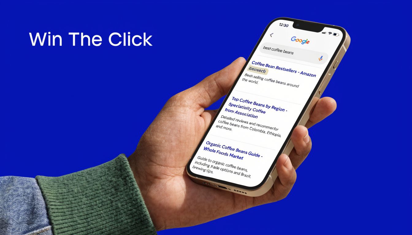 A person holding a smartphone showing Google search results for best coffee beans on a blue background.