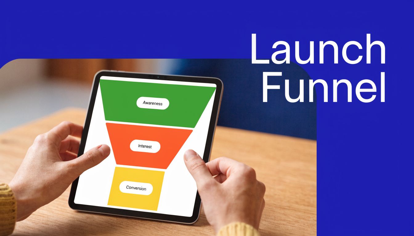 A person viewing a three-stage marketing launch funnel chart on a tablet screen held in hands.