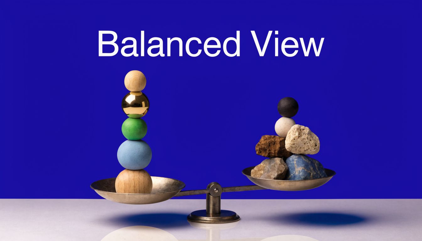 A conceptual image showing a balanced scale with objects representing balanced view and programmatic display advertising.