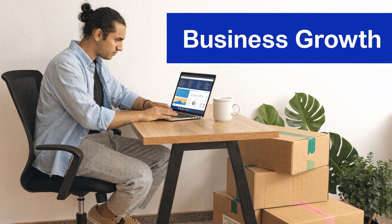 A focused man sitting at a desk with a laptop surrounded by cardboard shipping boxes for business growth.