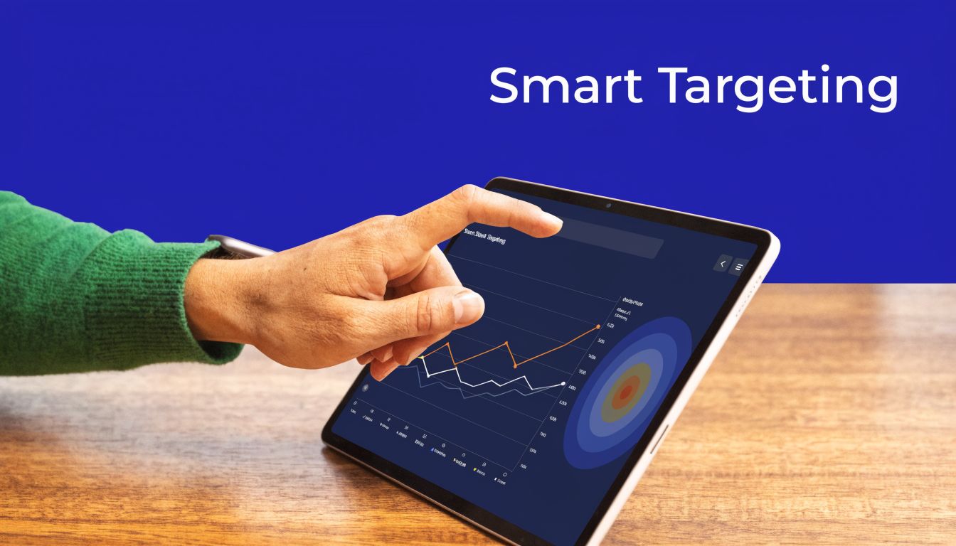 A person using their finger to interact with a digital tablet displaying charts and a target graphic.