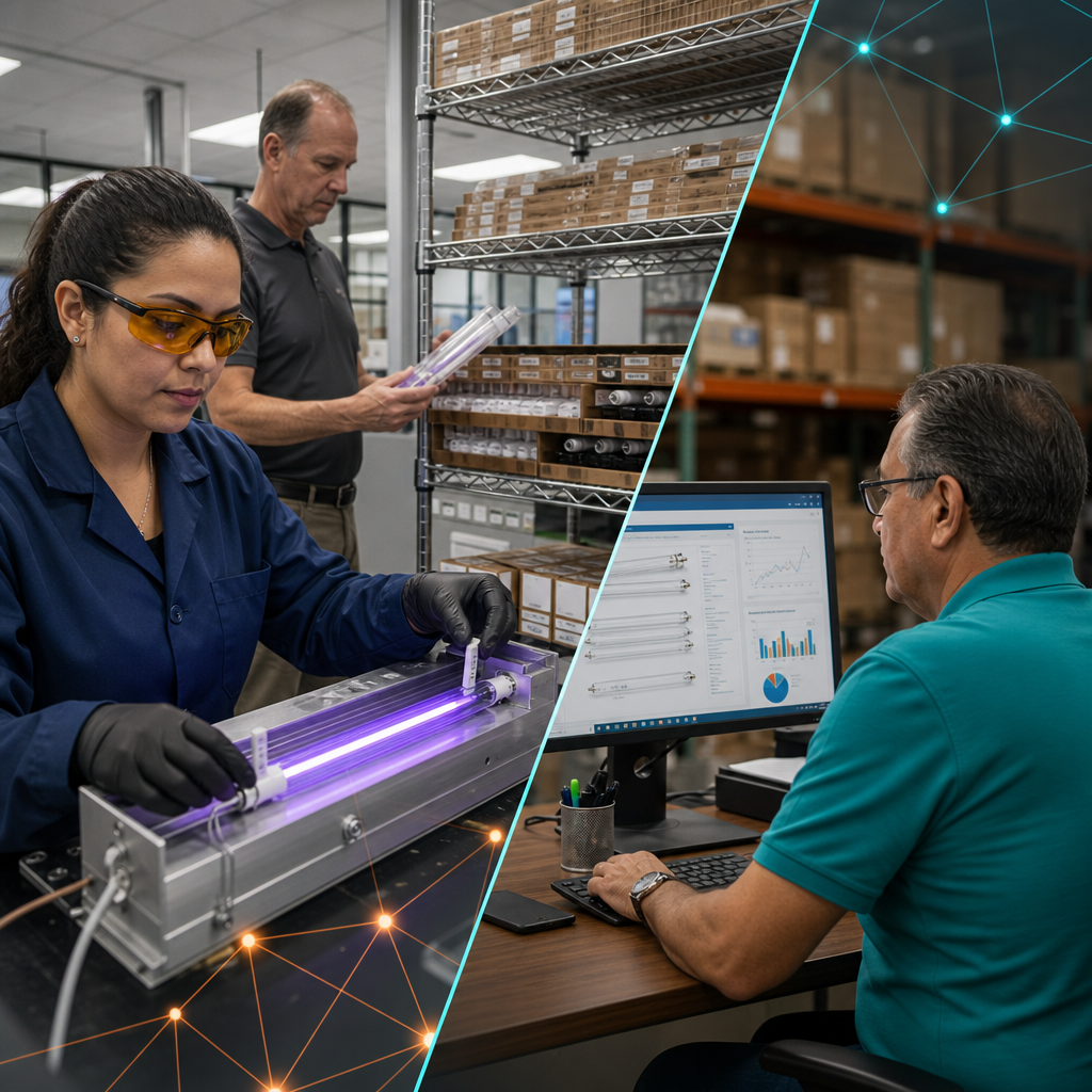 Technicians inspecting UV curing lamps beside a warehouse-office lead reviewing B2B catalog analytics