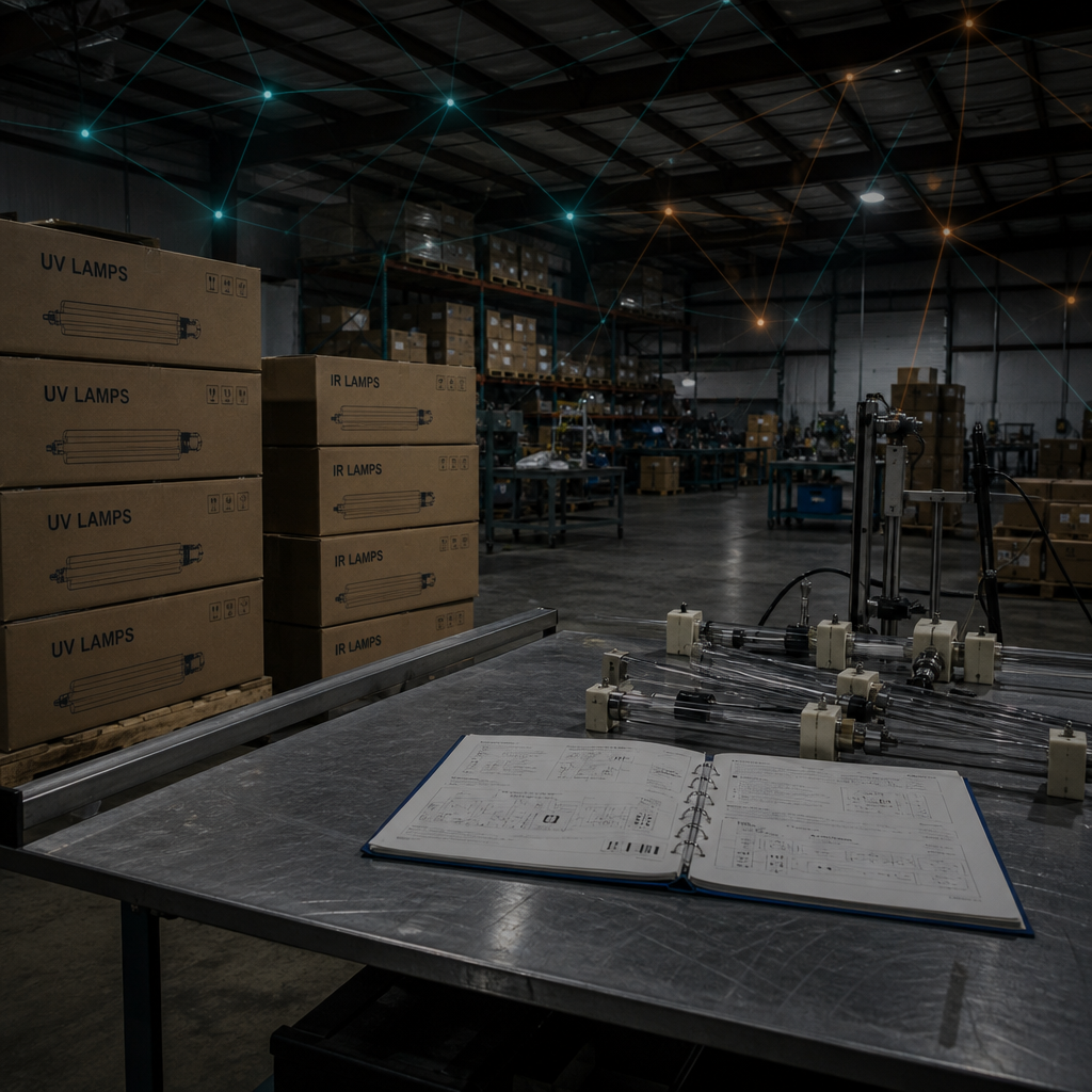 Empty specialty-lamp warehouse with unused catalog and idle test fixtures