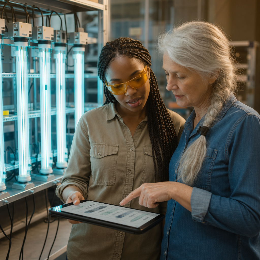 Lab teammates reviewing technical product-page outlines on a tablet beside UVC fixtures
