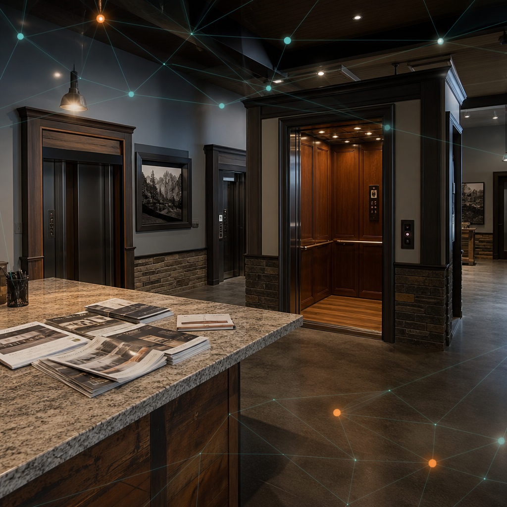 Empty lift showroom with an unused elevator cab mockup and outdated brochures
