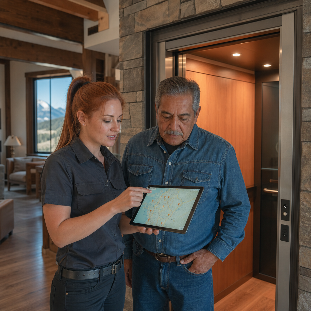 Installers reviewing multi-state service-area map pins on a tablet beside a home elevator