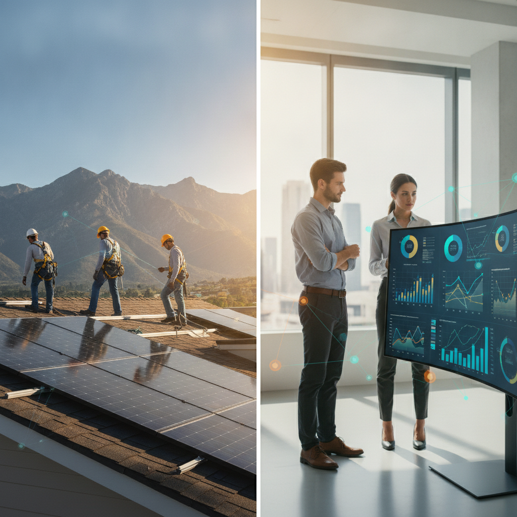 Solar installation crew fitting rooftop panels beside a marketing team reviewing campaign performance dashboards