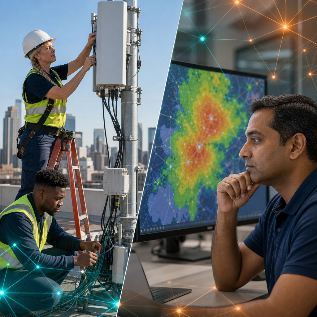 Telecom technicians installing small-cell antennas beside an engineer reviewing coverage maps