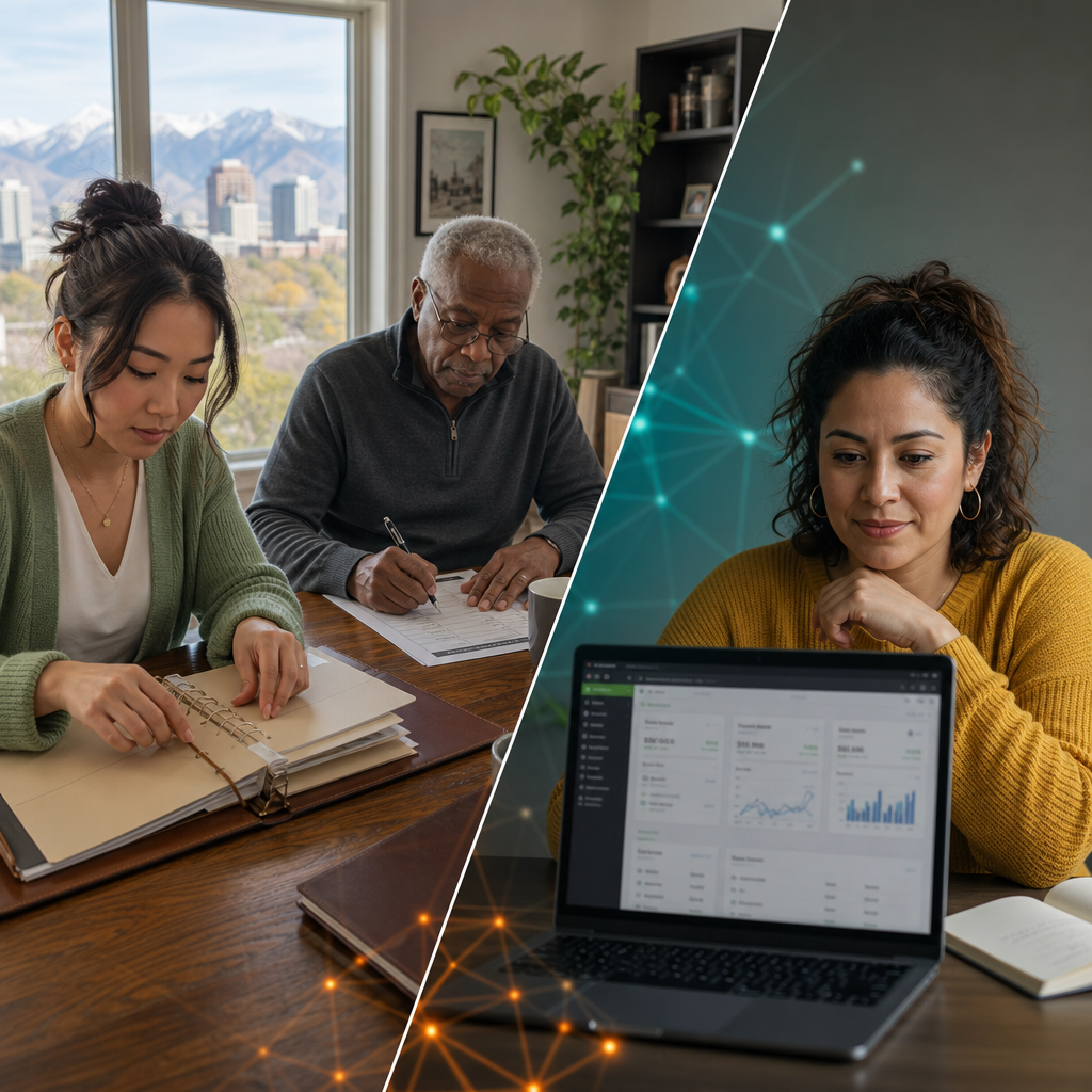 Family assembling an estate-planning binder beside a teammate reviewing Shopify sales analytics