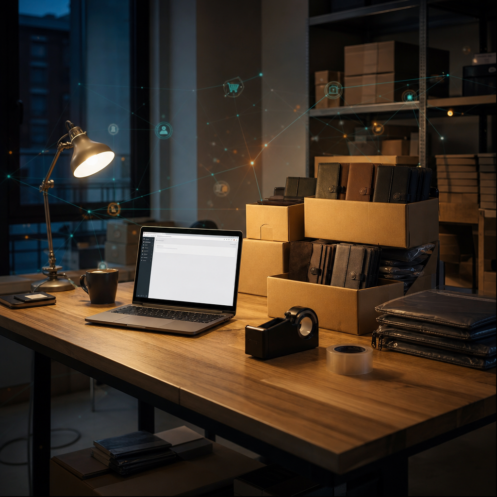 Empty packing desk with unused life-organization binders and a blank Shopify admin