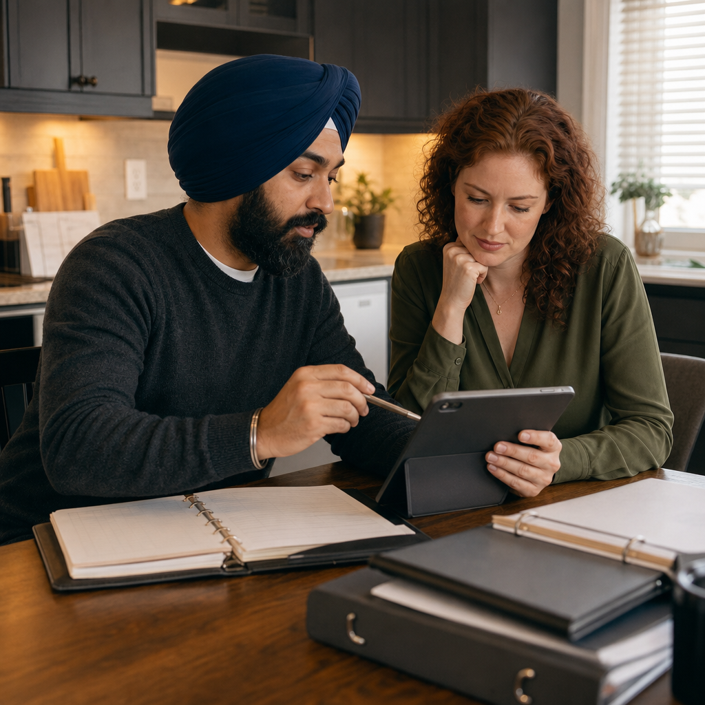 Teammates reviewing SEO blog outlines on a tablet beside estate-planning binders