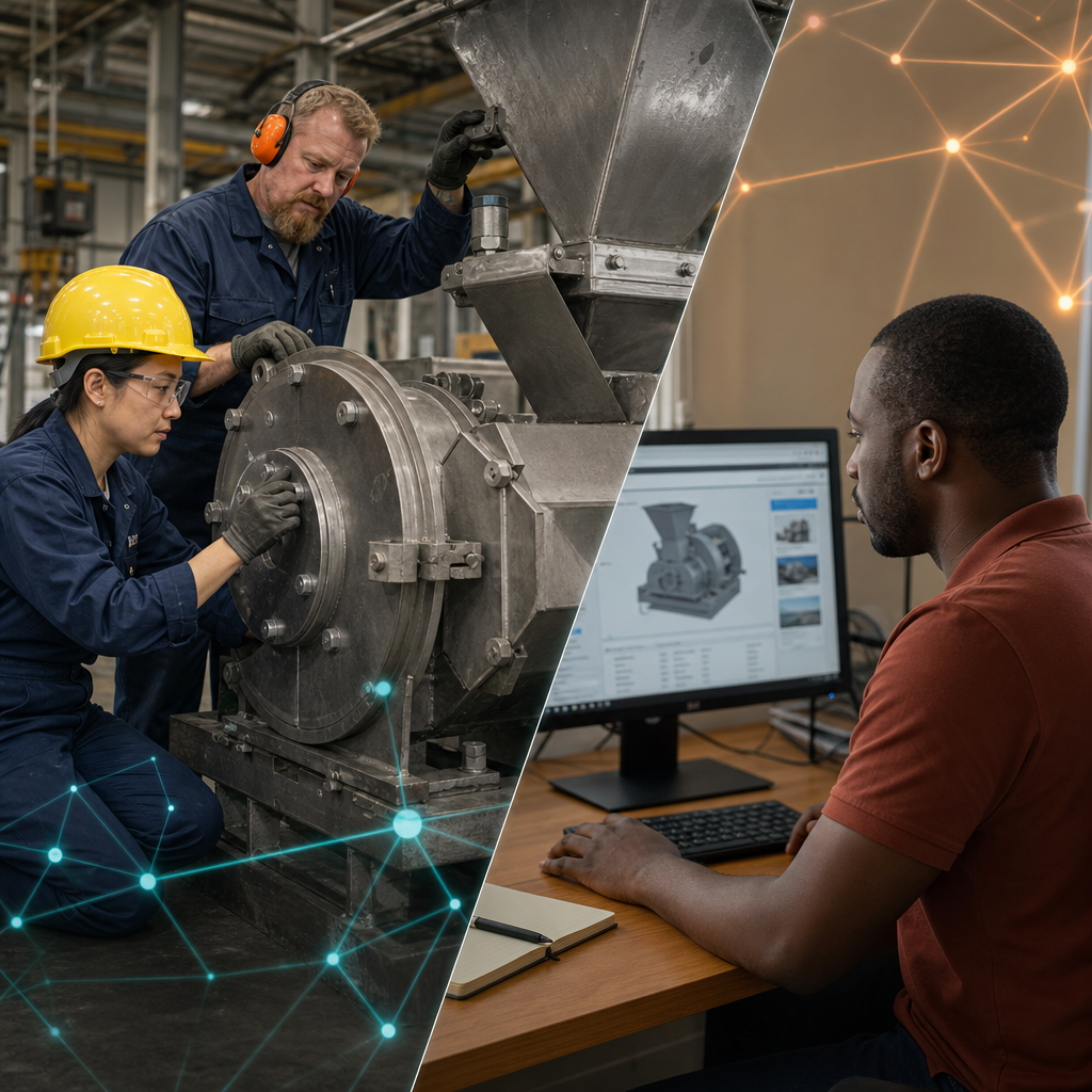 Engineers inspecting a particle size reduction mill beside a plant-office lead reviewing the product website