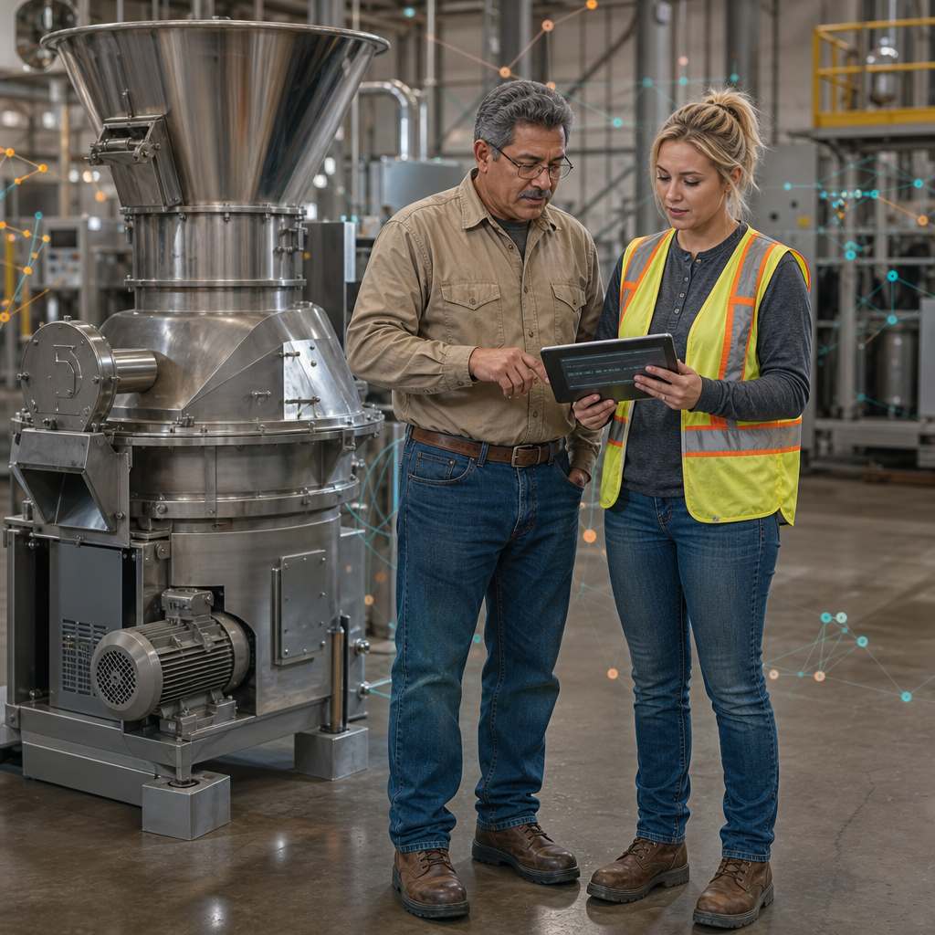 Plant technicians reviewing optimized product-page SEO outlines on a tablet beside a pulverizer