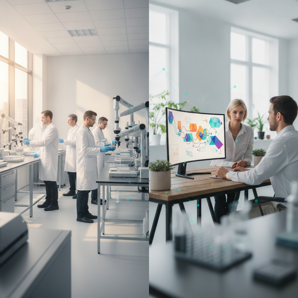 Life sciences researchers working with lab instruments beside marketers reviewing search analytics dashboards