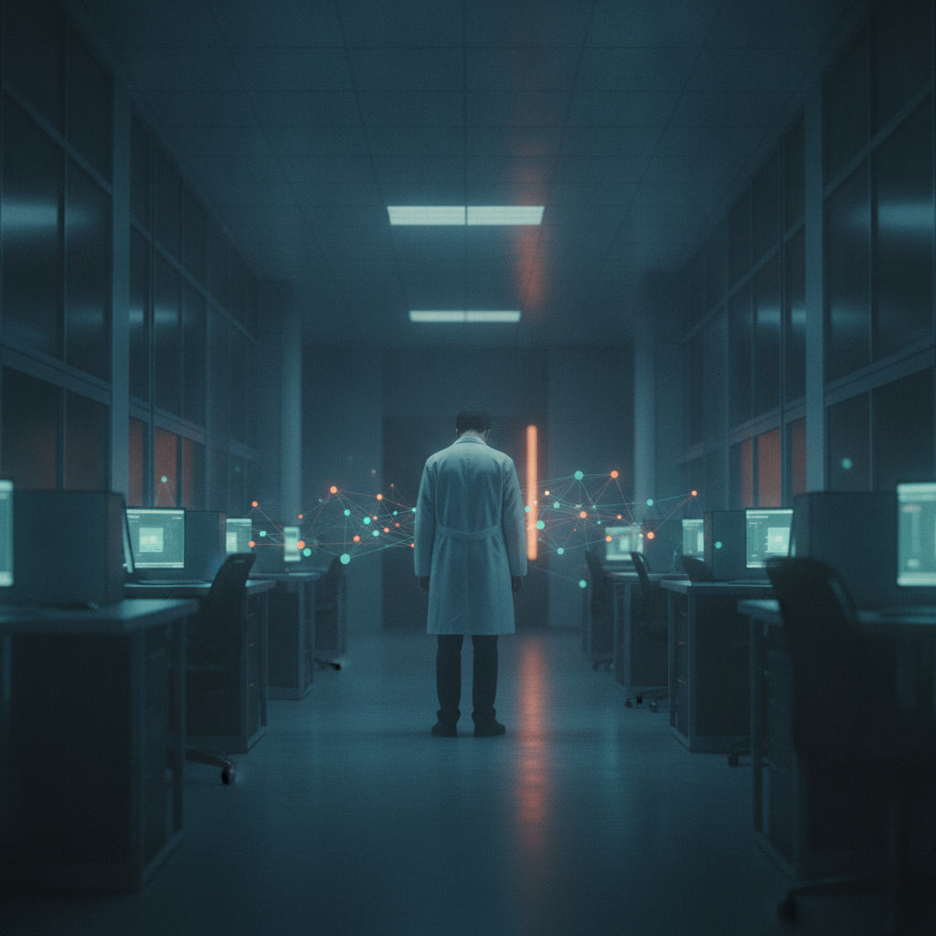 Lone researcher standing in a dim laboratory corridor lit by monitor glow