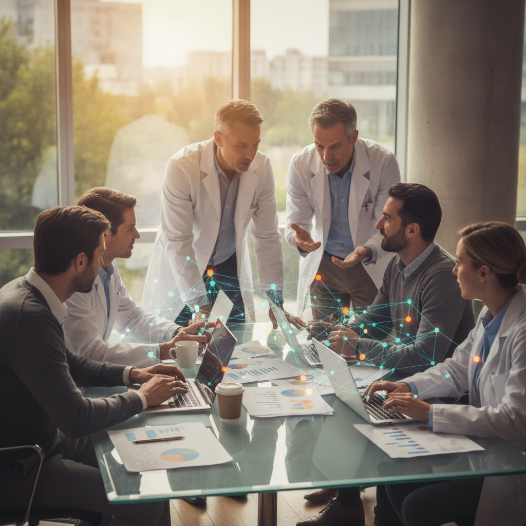 Scientists and marketing strategists collaborating around a conference table with laptops and charts