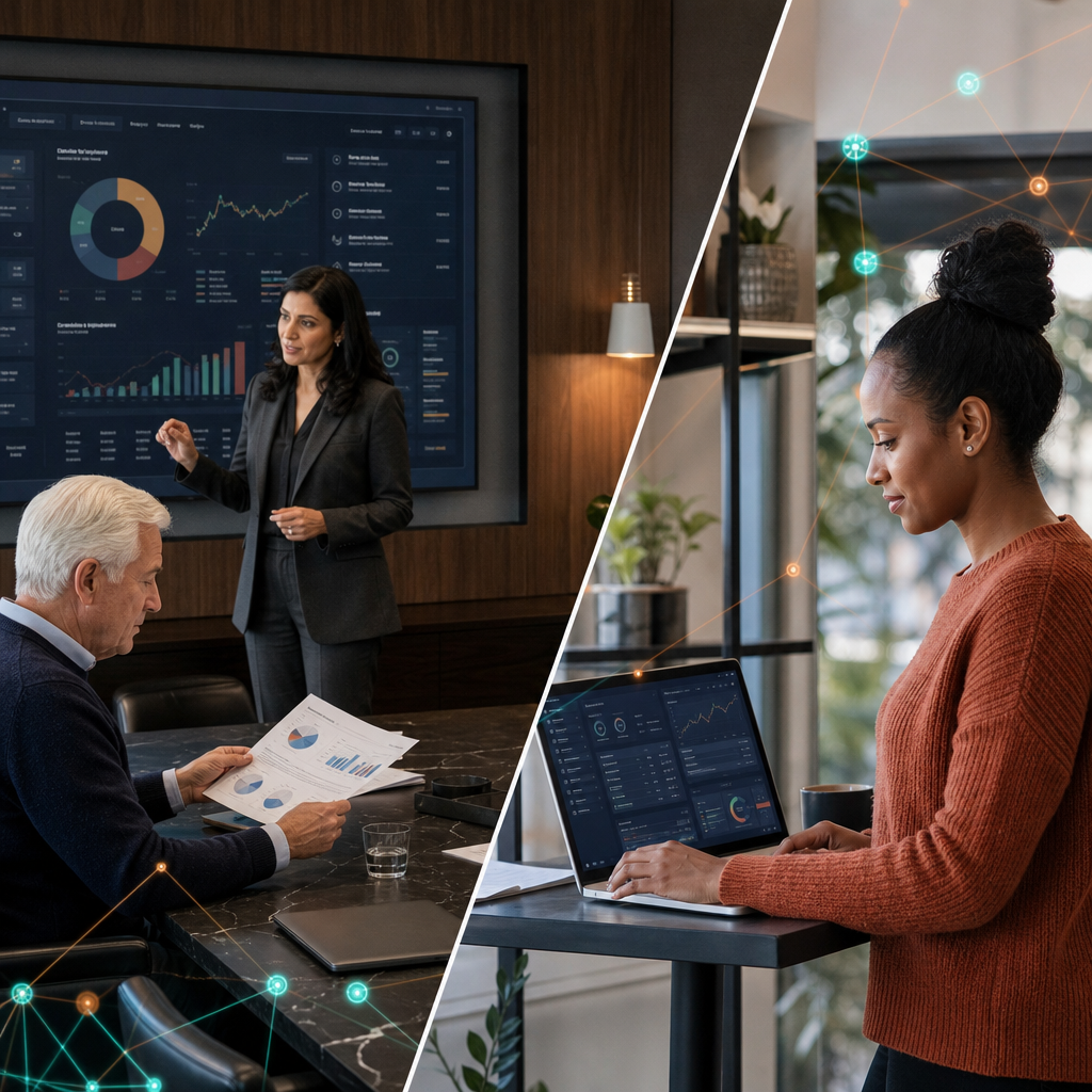 Family office advisors reviewing a unified wealth dashboard beside a teammate working in a fintech loft
