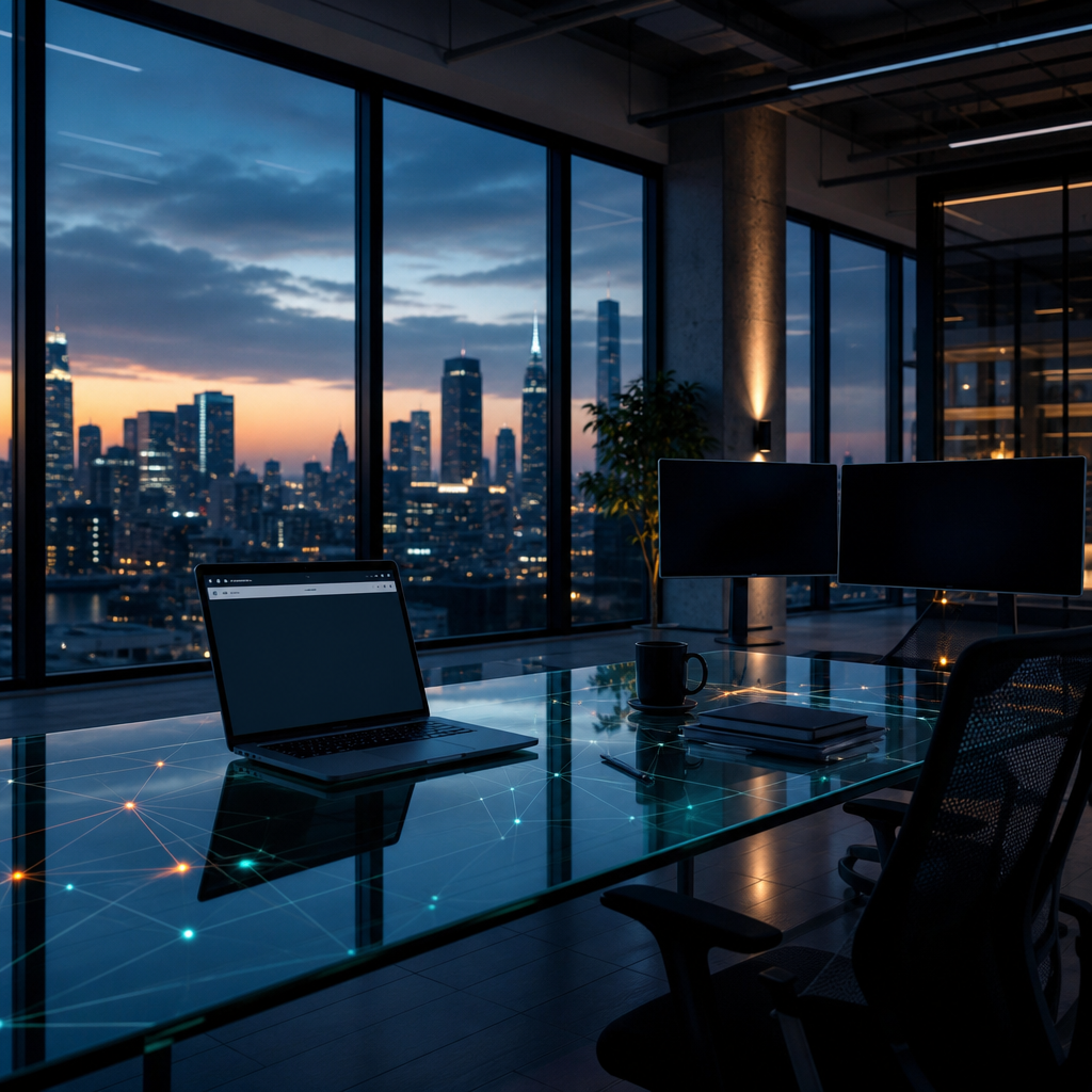 Empty fintech loft with a blank new-domain laptop and unused monitors