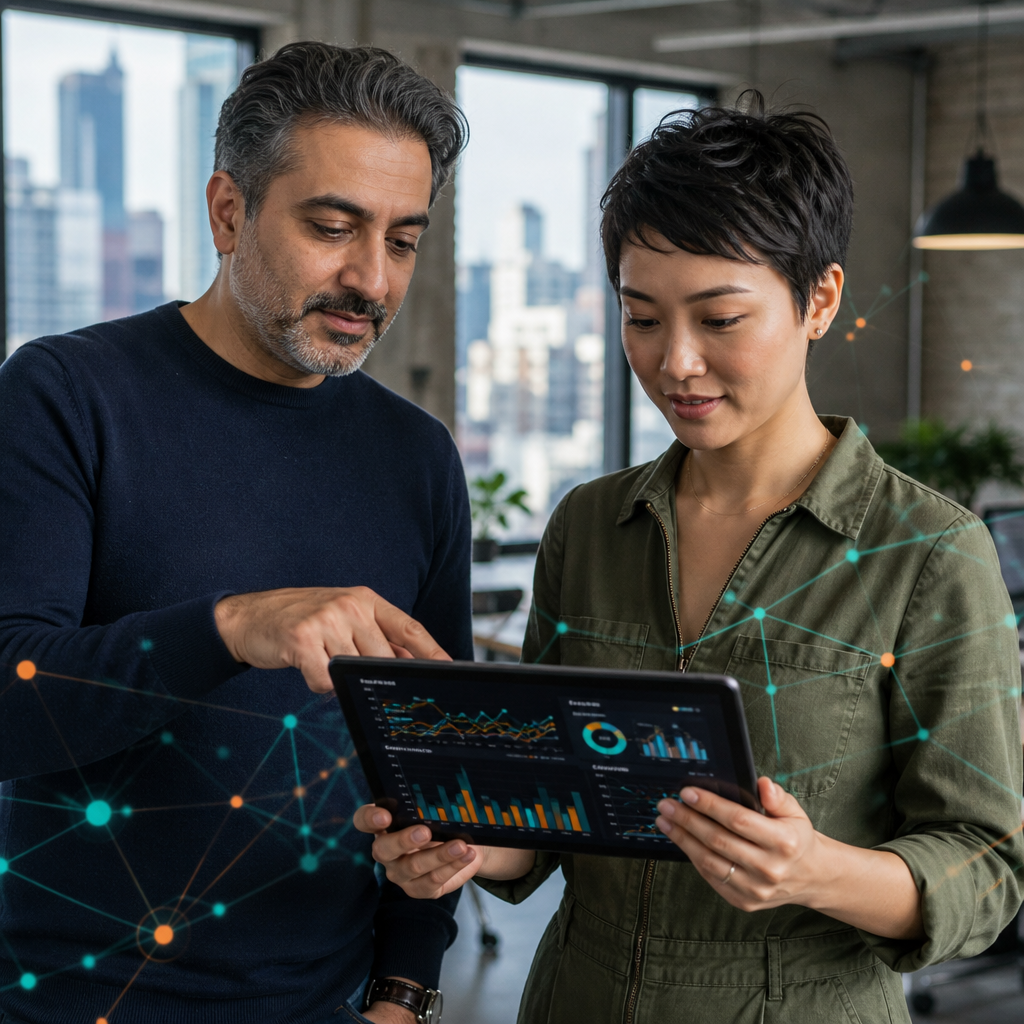 Fintech teammates reviewing SEO and backlink charts on a tablet
