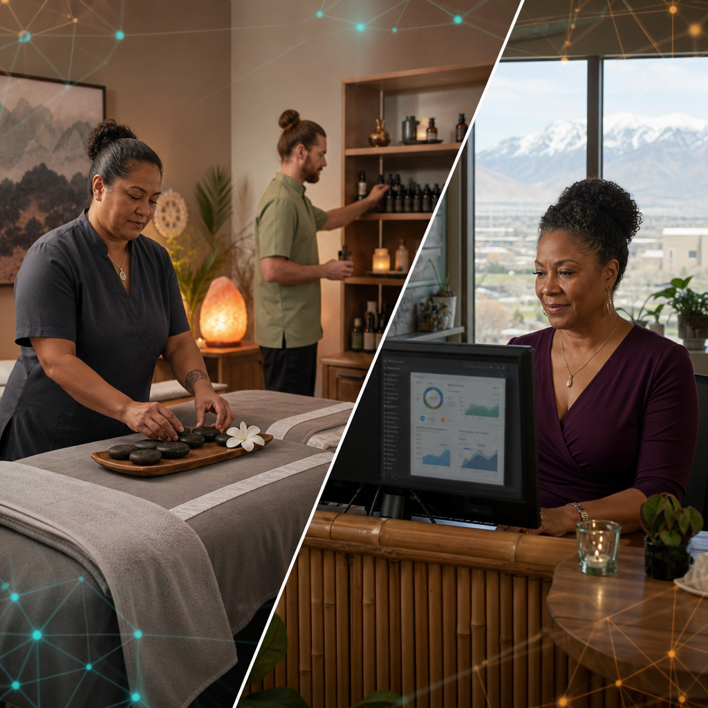 Day spa therapists preparing a treatment room beside a manager reviewing local search booking data