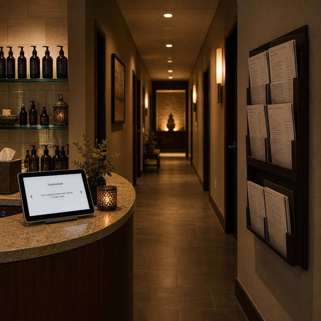Empty spa hallway with outdated price sheets and a broken testimonial display