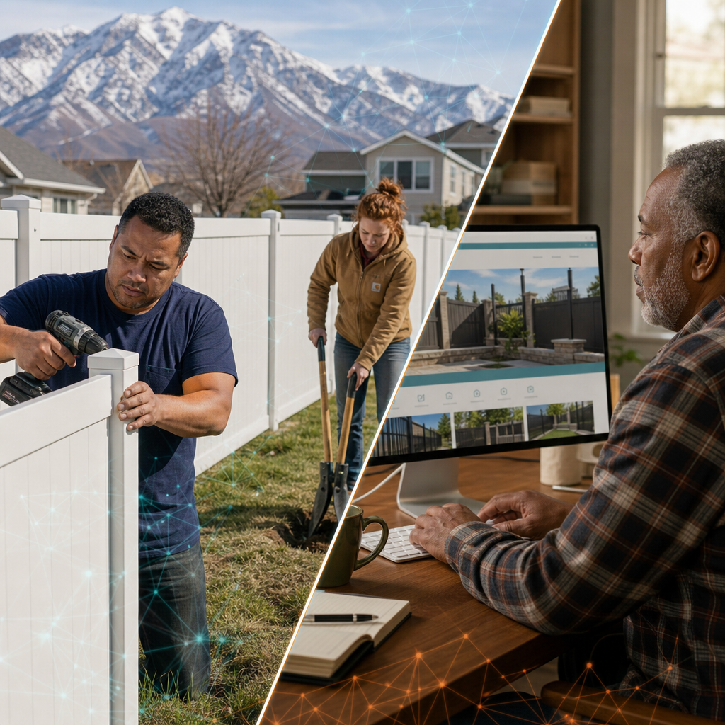 Fence crew installing vinyl fencing beside a contractor reviewing a new website mockup