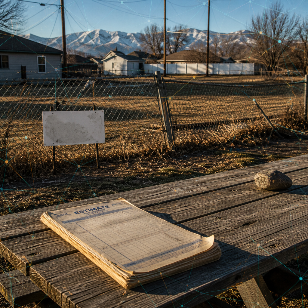 Neglected suburban yard with sagging chain-link fence and faded signage