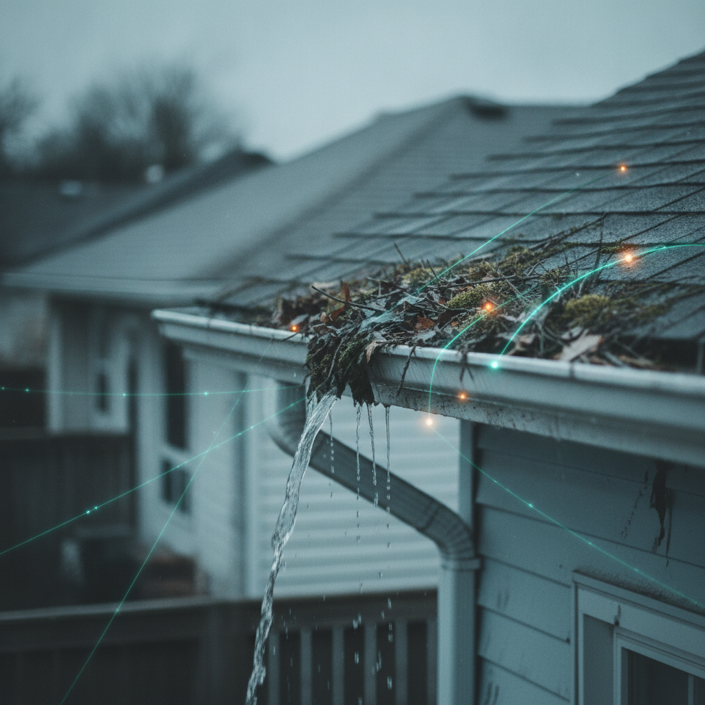 Overflowing clogged residential gutter spilling rainwater down house siding on an overcast day
