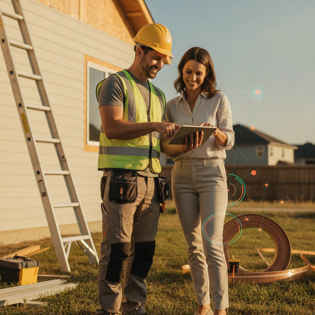 Exterior contractor and marketing strategist reviewing a tablet together at a sunny residential job site