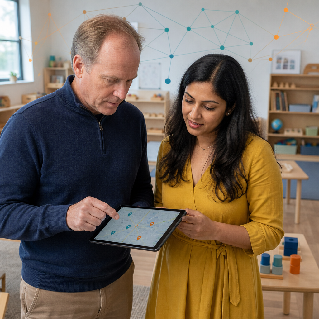 Two childcare leaders reviewing local map pins for enrollment search on a tablet