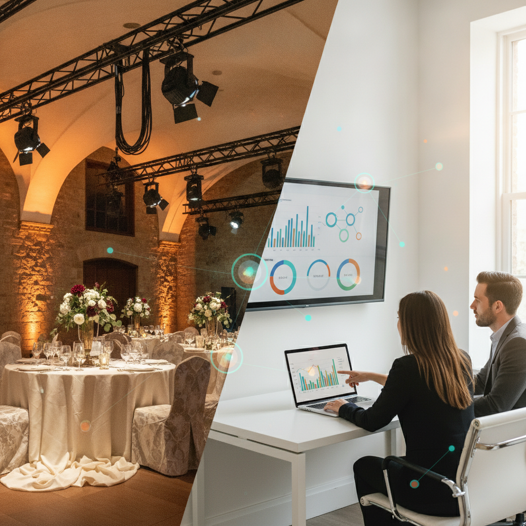 Elegant ballroom event staged with warm uplighting and floral centerpieces beside marketing professionals reviewing performance analytics on screen