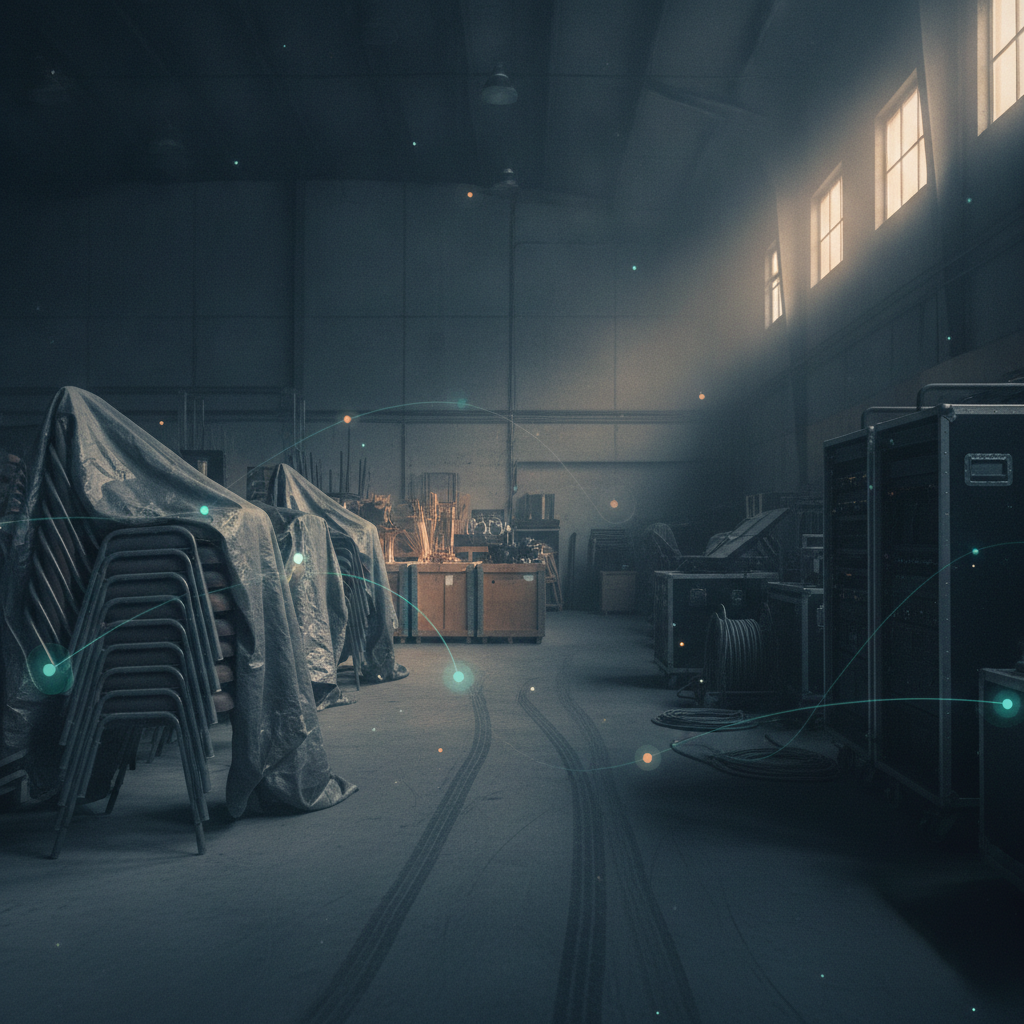 Dimly lit event rental warehouse with stacked chairs, crated decor and idle audio-visual equipment sitting unused