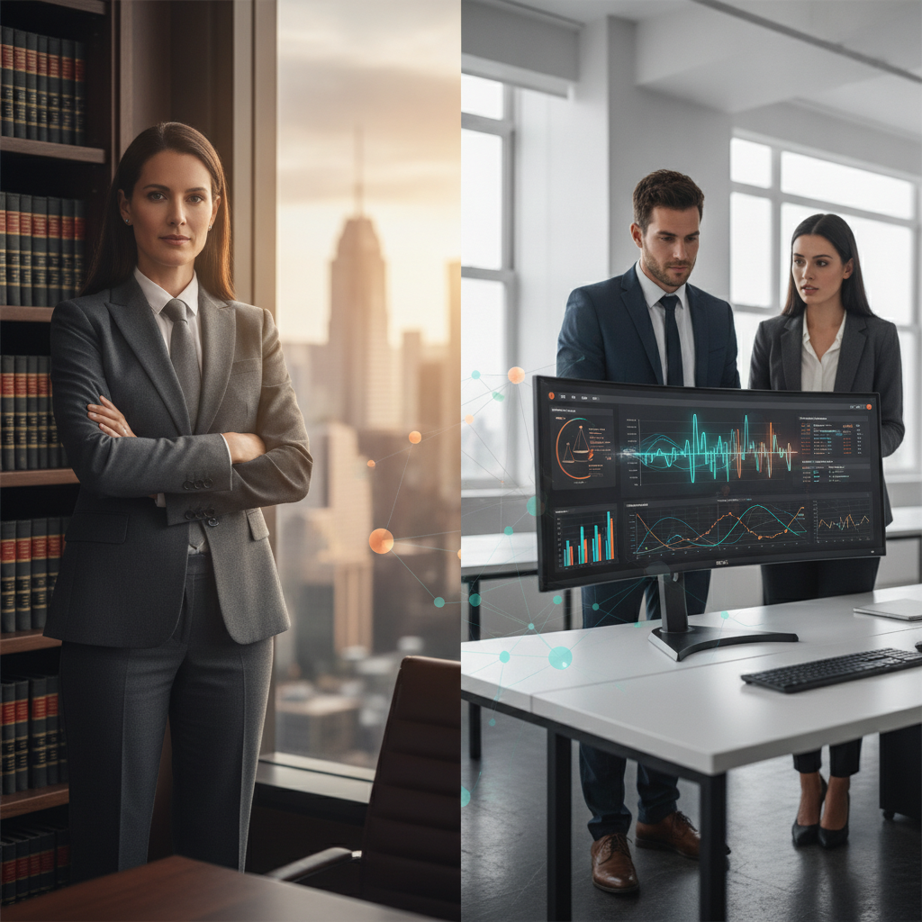 Attorney standing in a law office beside marketers reviewing website performance analytics